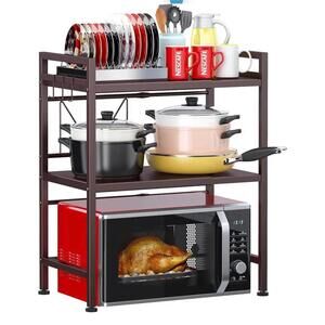 Microwave Oven RackHeavy Duty 3-Tier Shelf w 3 Hooks for Kitchen Counter Top